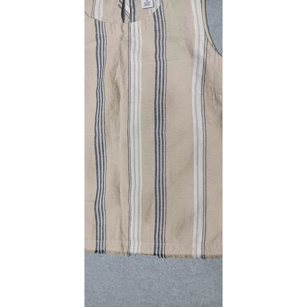 Liz Claiborne Linen Blend Sleeveless Tank Top Medium Beige Striped Fringe Beach - Picture 7 of 12